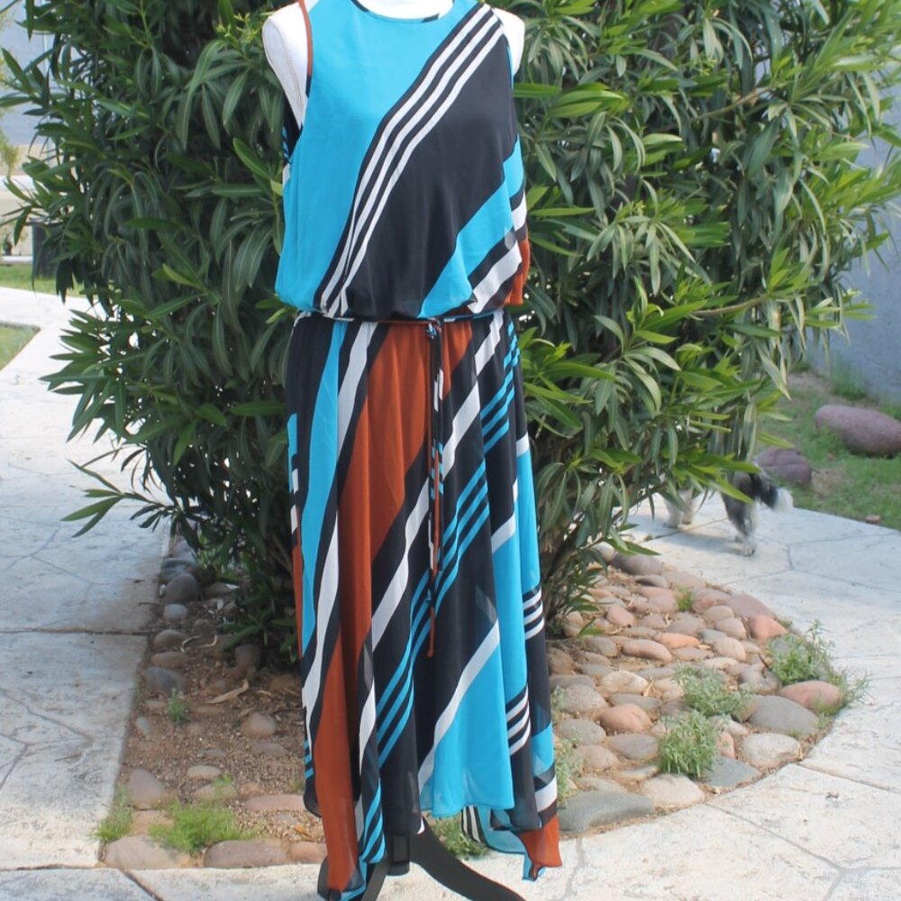 EVAN-PICONE Maxi Dress Woman Size 14 Black, Blue & Brown Striped Sleeveless belt